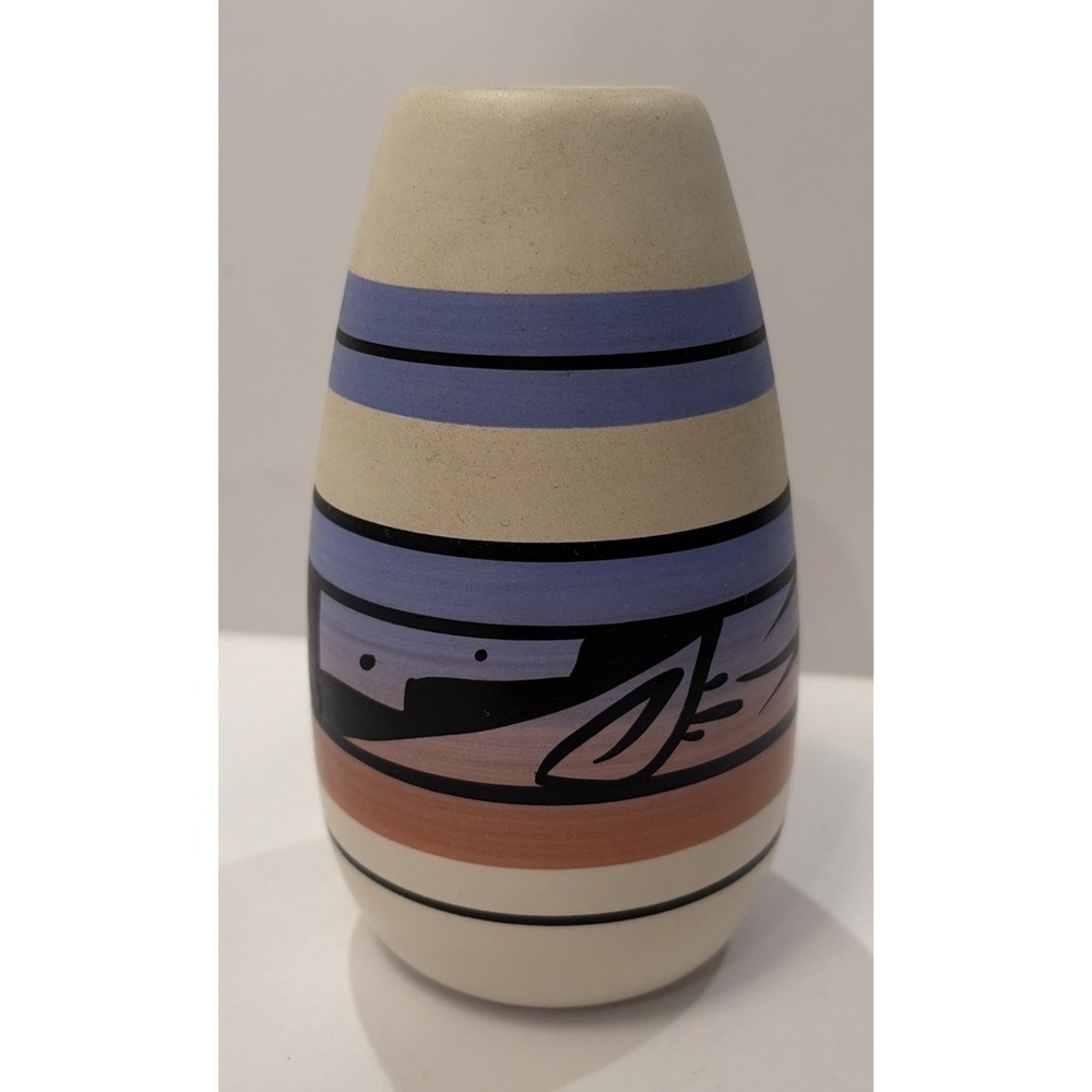 Navajo Pottery Vase Signed Dine Native American Southwest Hand Painted Blue Pink